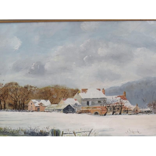 564 - D. Mitchell (1981) - 'Farm under Snow', oil on panel, 26cm x 38cm, framed.
Together with, Alan Sprig... 