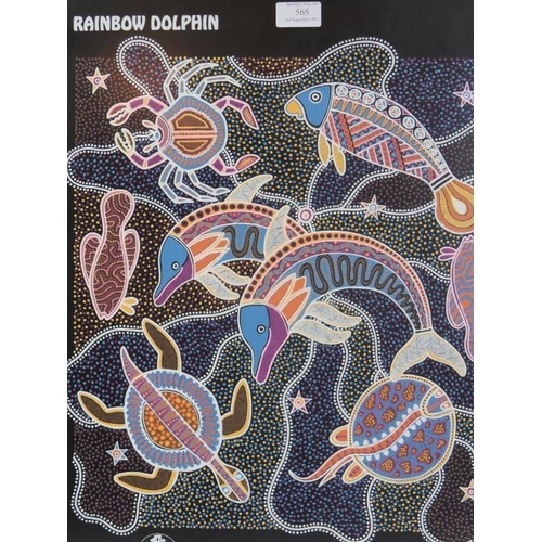 565 - Maxine Fumagalli (Contemporary Aboriginal Artist) - 'Rainbow Dolphin', dot painting, named and title... 