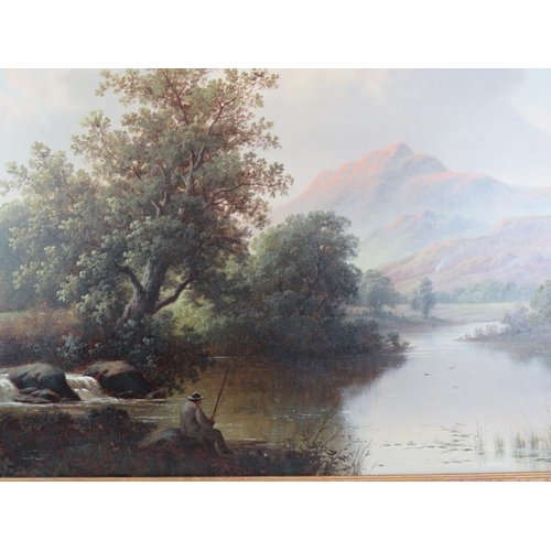 566 - D.H. Winder (1898) - 'Lone fisherman in a river landscape with mountainous background', oil on canva... 