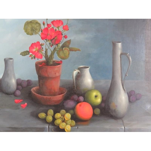 567 - George Leslie Reekie (1911-1969) - 'The Geranium', oil on canvas, signed and dated 1969, labels vers... 