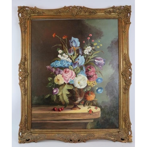 568 - Flemish School (20th century) - 'still life with an abundance of flowers in a vase on a shelf', oil ... 