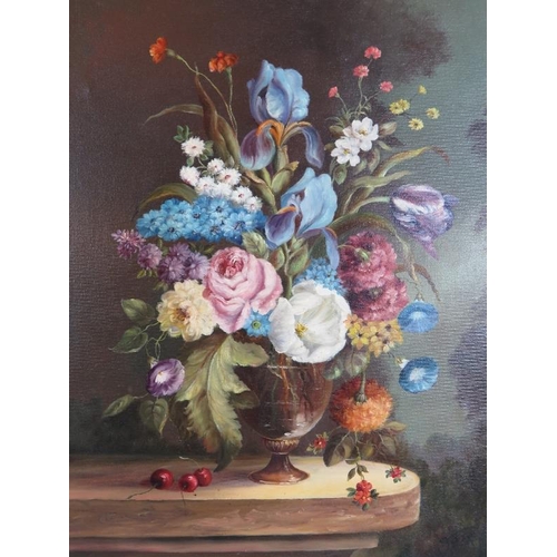 568 - Flemish School (20th century) - 'still life with an abundance of flowers in a vase on a shelf', oil ... 