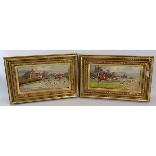 569 - H. Colls (20th century) - 'Hunt Scenes', a pair, oils on board, one signed, 17cm x 34cm, framed.
Con... 