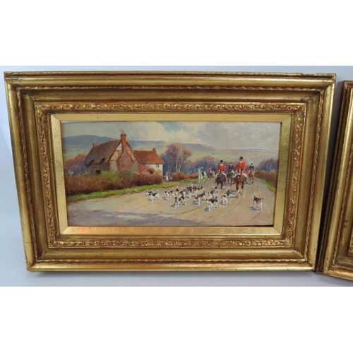 569 - H. Colls (20th century) - 'Hunt Scenes', a pair, oils on board, one signed, 17cm x 34cm, framed.
Con... 