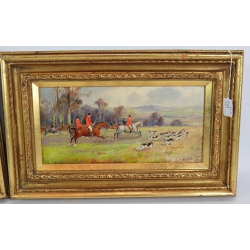 569 - H. Colls (20th century) - 'Hunt Scenes', a pair, oils on board, one signed, 17cm x 34cm, framed.
Con... 