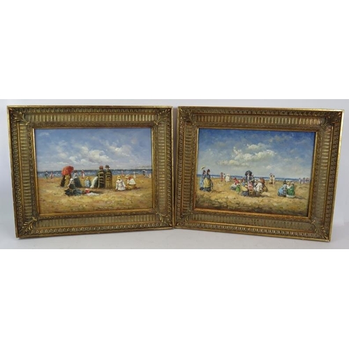 570 - French School (Modern) - 'Edwardian beach scenes', a pair, oils on panel, 30cm x 40cm, framed.
Condi... 