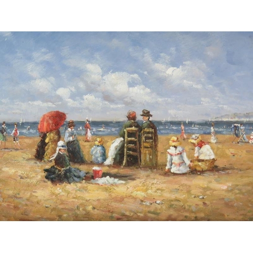 570 - French School (Modern) - 'Edwardian beach scenes', a pair, oils on panel, 30cm x 40cm, framed.
Condi... 