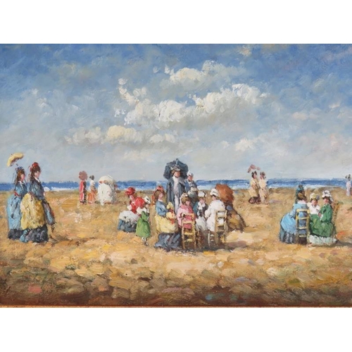 570 - French School (Modern) - 'Edwardian beach scenes', a pair, oils on panel, 30cm x 40cm, framed.
Condi... 