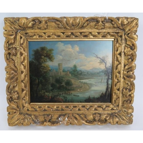 575 - Continental School (19th century) - 'Panoramic river landscape with castle', oil on board, 15cm x 20... 