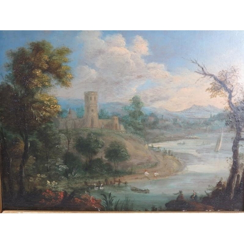 575 - Continental School (19th century) - 'Panoramic river landscape with castle', oil on board, 15cm x 20... 