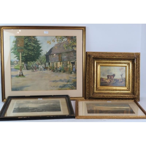 576 - Four decorative prints: comprising 'Woolpack Inn' after Stanhope Forbes, a Modern Victorian-style ca... 