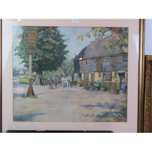 576 - Four decorative prints: comprising 'Woolpack Inn' after Stanhope Forbes, a Modern Victorian-style ca... 