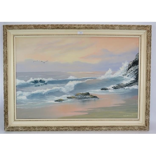 580 - Jan H. Le Maitre (South African, 20th century) - 'Beach Scene', oil on canvas, signed and dated (19)... 