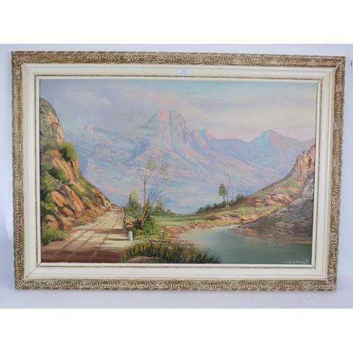 581 - Jan H. Le Maitre (South African, 20th century) - 'Mountainous landscape', oil on canvas, signed & da... 