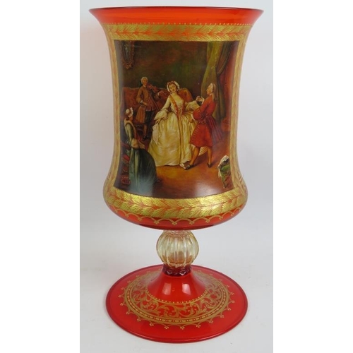 61 - A very large Venetian Murano glass goblet with hand decorated panel depicting Lezione Di Ballo (The ... 