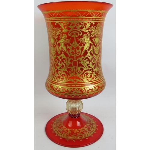 61 - A very large Venetian Murano glass goblet with hand decorated panel depicting Lezione Di Ballo (The ... 