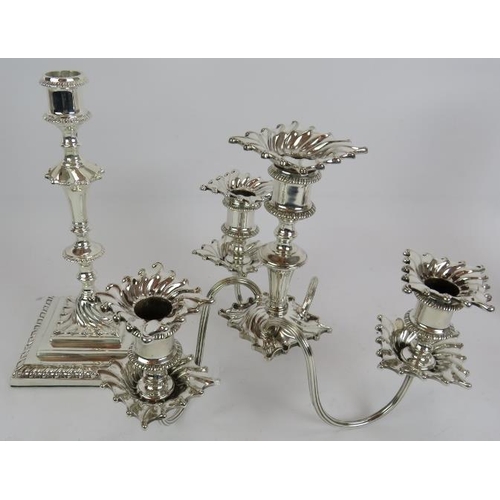 69 - A fine pair of antique silver plated Corinthian column candlesticks and a four candle candelabra wit... 