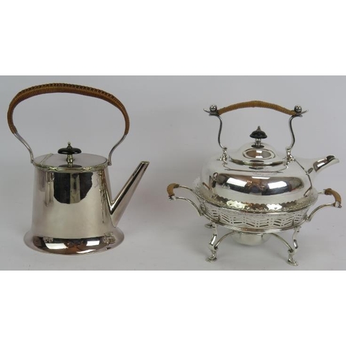 73 - A silver plated spirit kettle and stand with rattan handle, a similar teapot and two plated Jersey c... 