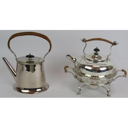 73 - A silver plated spirit kettle and stand with rattan handle, a similar teapot and two plated Jersey c... 