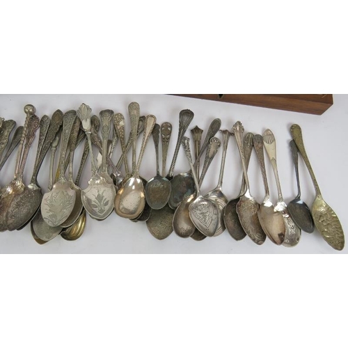 75 - A quantity of silver plated jam spoons and serving ware including a boxed fruit set, fish knives, gr... 