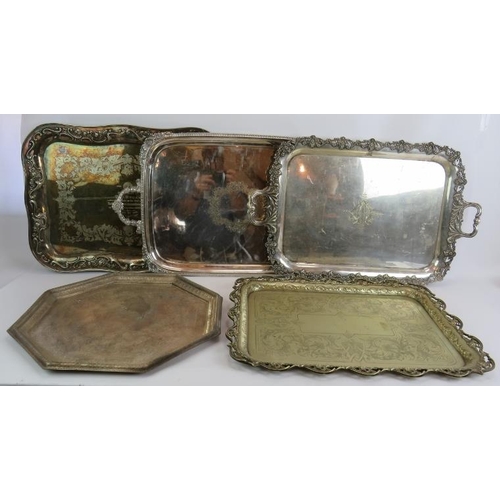 80 - Two large Edwardian silver plated butler's trays, two further plated trays and an octagonal decorate... 