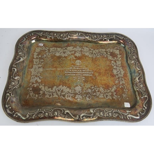 80 - Two large Edwardian silver plated butler's trays, two further plated trays and an octagonal decorate... 