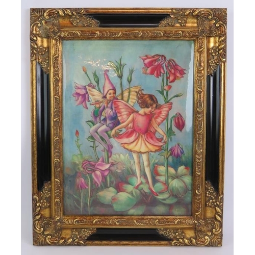 95 - A contemporary porcelain plaque with 'Flower Fairy' decoration in ornate gilt and black frame. 44cm ... 