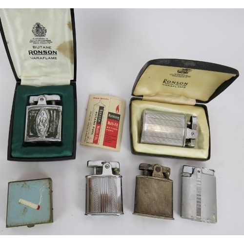 97 - Five vintage cigarette lighters including four Ronson, a shagreen cigarette case in an Asprey pouch,... 