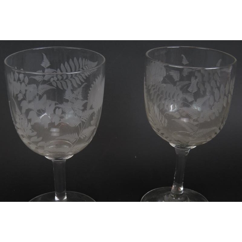 99 - Two late 19th century engraved wine glasses with fern decoration. One with polished Pontil. Height 1... 