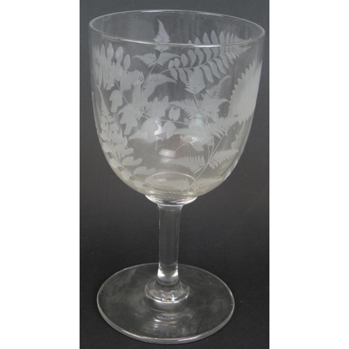 99 - Two late 19th century engraved wine glasses with fern decoration. One with polished Pontil. Height 1... 