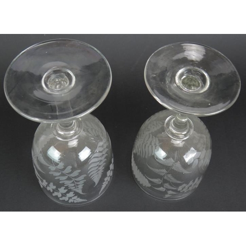 99 - Two late 19th century engraved wine glasses with fern decoration. One with polished Pontil. Height 1... 