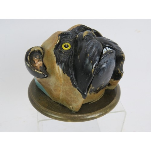 71 - A vintage painted bronze service bell in the form of a bull dog's head. Glass eyes, hand painted. 12... 