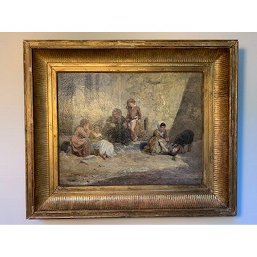 604 - Theobald Chartran (1849-1907) - Gilt framed oil on canvas (relined) figures on the street feeding a ... 