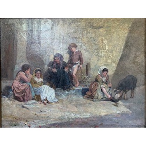 604 - Theobald Chartran (1849-1907) - Gilt framed oil on canvas (relined) figures on the street feeding a ... 