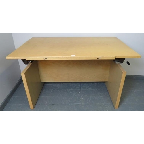 884 - A high-quality German engineered architects desk, finished in elm & larch, with angle and height adj... 