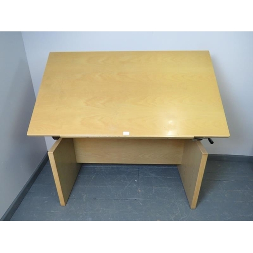 884 - A high-quality German engineered architects desk, finished in elm & larch, with angle and height adj... 