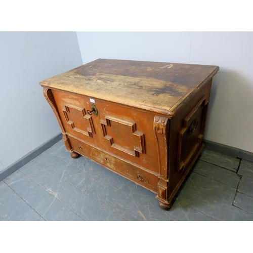 706 - An antique painted pine Continental mule chest in the 17th century taste, with internal candle box a... 