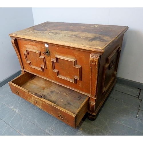 706 - An antique painted pine Continental mule chest in the 17th century taste, with internal candle box a... 