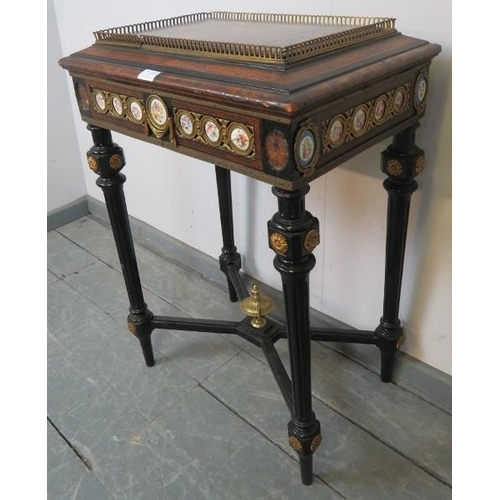 737 - A 19th century Napoleon III ebonised and burr walnut plant stand with brass gallery rail, ormolu mou... 