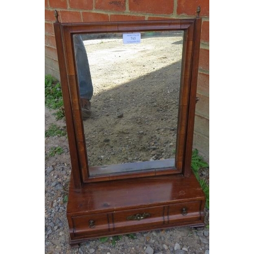 745 - A Georgian oak and walnut swing vanity mirror with brass finials, on a box base with single drawer a... 