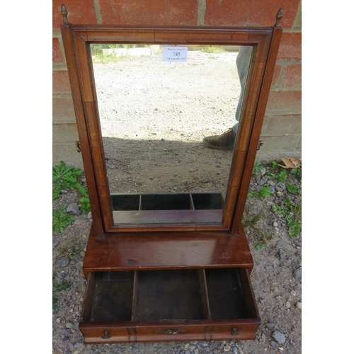 745 - A Georgian oak and walnut swing vanity mirror with brass finials, on a box base with single drawer a... 