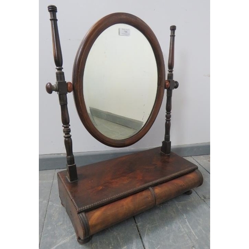 746 - A Georgian flame mahogany oval bevelled swing vanity mirror, with parquetry inlay and turned upright... 