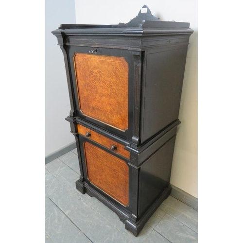 763 - A 19th century Aesthetic Period burr walnut and ebonised music cabinet with ¾ gallery, featuring mar... 