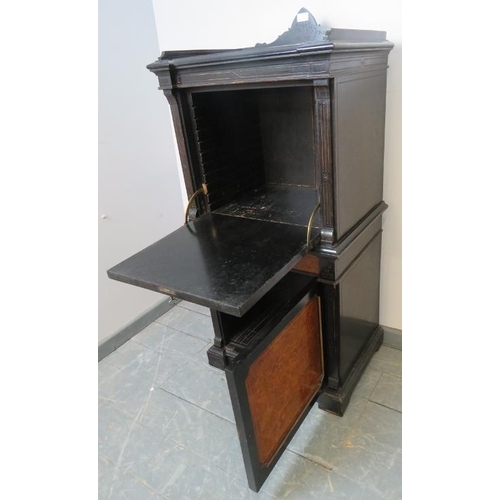 763 - A 19th century Aesthetic Period burr walnut and ebonised music cabinet with ¾ gallery, featuring mar... 