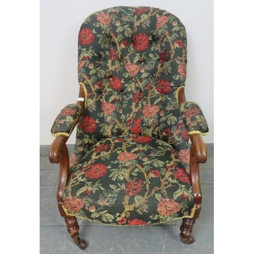 771 - An early Victorian mahogany open-sided armchair, upholstered in patterned tapestry material with gol... 