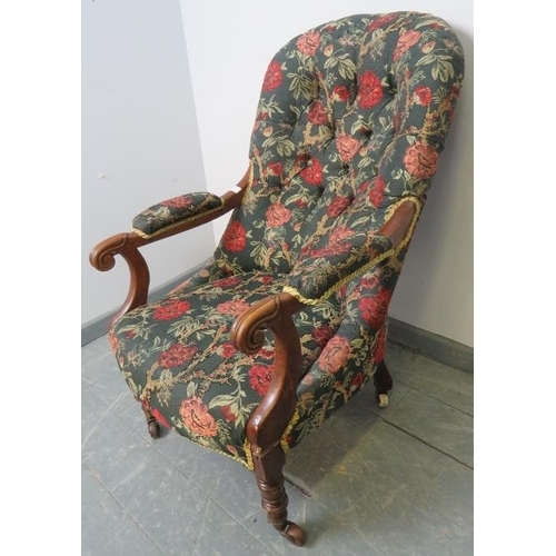 771 - An early Victorian mahogany open-sided armchair, upholstered in patterned tapestry material with gol... 