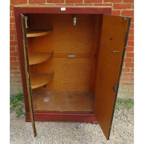 783 - A vintage oak wardrobe of small proportions, painted in distressed red, yellow and gold, with three ... 