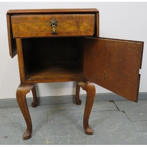 787 - An antique burr walnut side cabinet, crossbanded and strung with boxwood and satinwood, with drop le... 