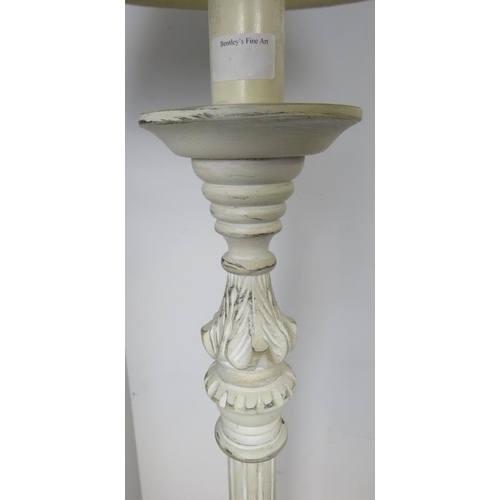 798 - A vintage oak English made standard lamp, painted distressed white, with acanthus carved and reeded ... 