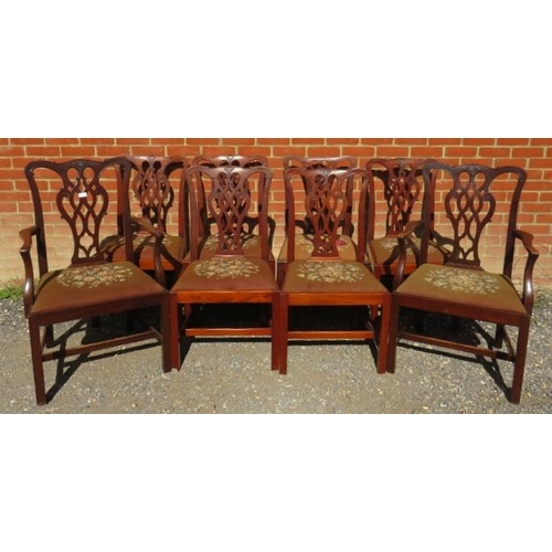 813 - A set of eight (6+2) Georgian mahogany dining chairs with shaped and pierced back splats in the Chip... 